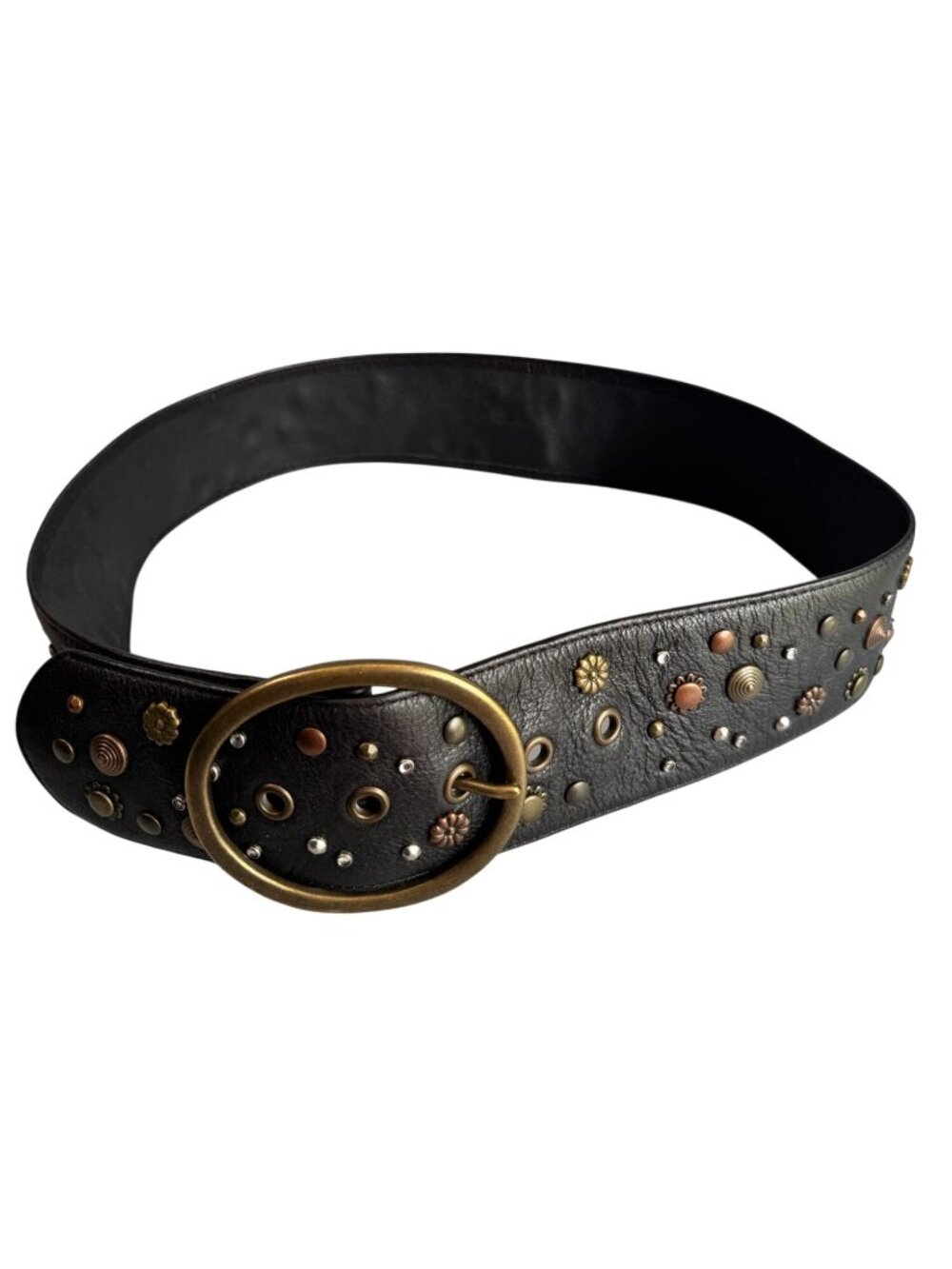 Wide Black Genuine Leather Studded Belt Boho Western Mixed Metal M 40" - Picture 2 of 7